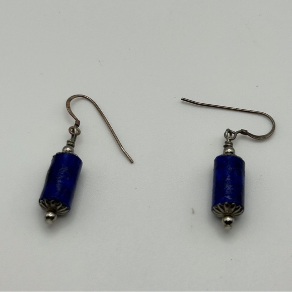 925 Sterling Silver Hook Dangle Earrings with Royal Blue Lamp Inspired Design - Picture 6 of 8